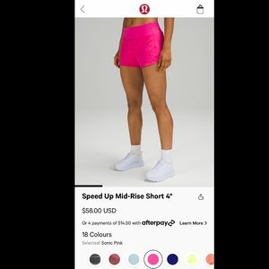 Lululemon Speed up Mid-rise short 4” sonic pink